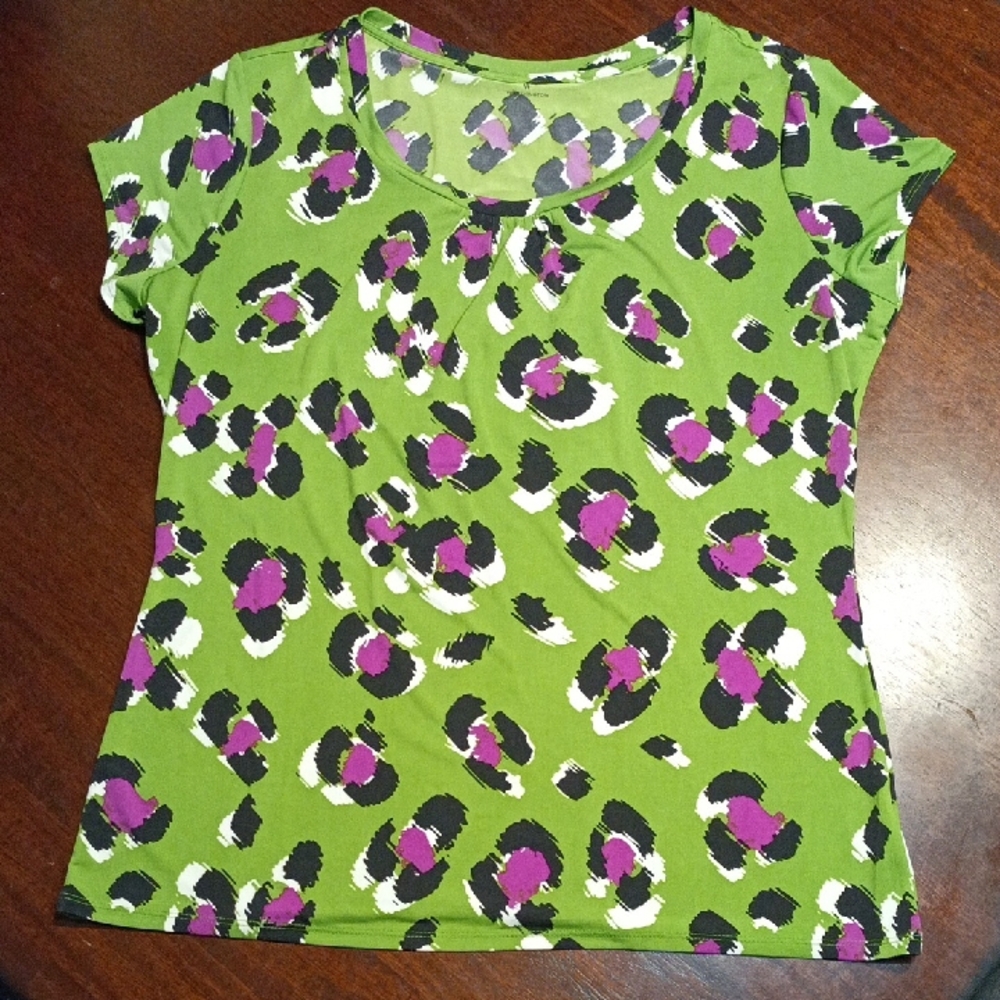 Worthington Lime Green Tee with Purple, Black and White Print